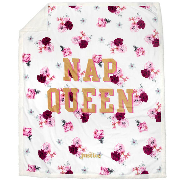 Justice "Nap Queen" Floral Sherpa Backed Throw Blanket, 50" x 60", Pink - Picture 2 of 6